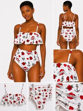 AS ROSE RICH White Red Roses & Skulls Ruffle Top - High-Waist Bikini Set MED NWT